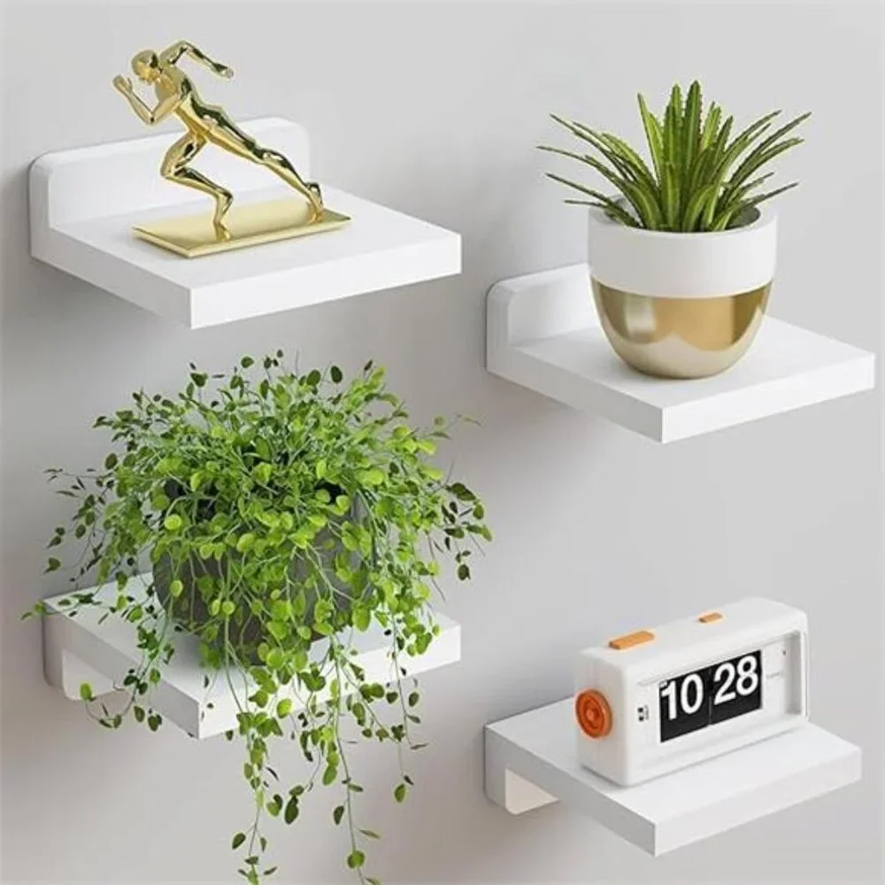 Set of 4 Floating Shelves Rustic Wood Small Wall Mounted Shelves, White
